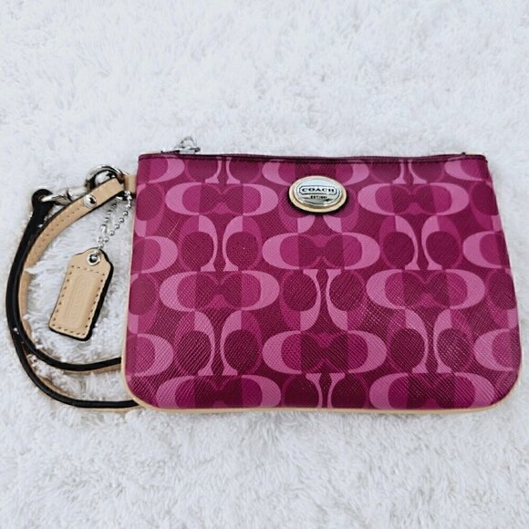 COACH Fushia Signature Logo Canvas and Leather Top Zip Wristlet Wallet Organizer - Picture 2 of 16